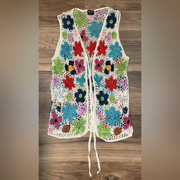 Cejon Jackets & Blazers - Vintage Floral Crochet Intricate Multicolored Front Tie Vest